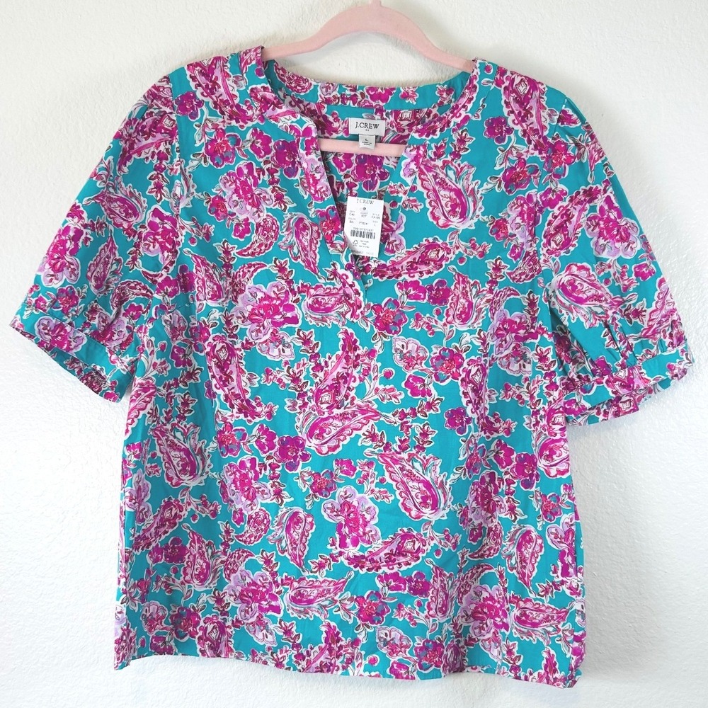 J.Crew Boho Preppy Paisley Floral V-Neck Blouse Teal Pink Short Sleeve Top SZ L